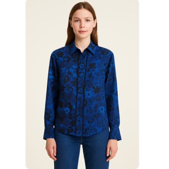 Equipment Femme SZ XS 100% Silk Floral Button Front Shirt Sheer Sleeves in Blue - Picture 1 of 7
